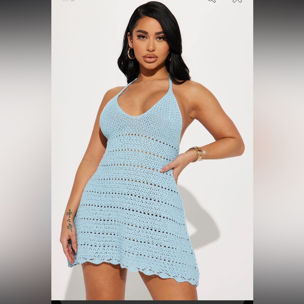 NWT - Fashion Nova - Festival Babe Crochet Mini Dress - Light Blue - Small
